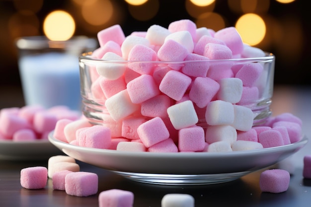 Фото Осторожно вкусные красочные маршмеллоу сформированы сладости на белом белом столе генерирующий ia