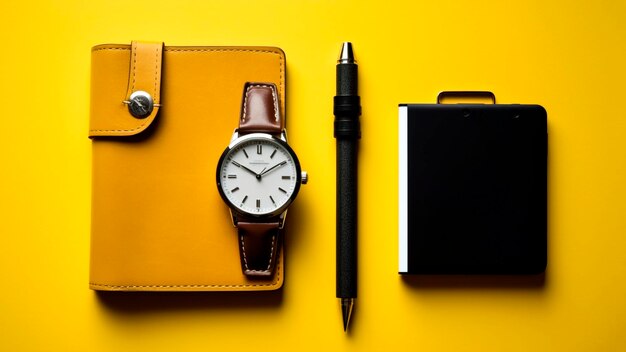 黄色の背景に時計とペンが置かれています。
