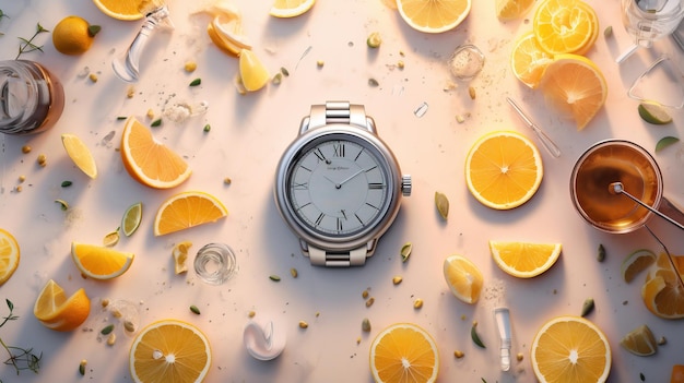 A watch surrounded by slices of oranges