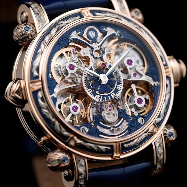 A watch with a blue face and gold details.