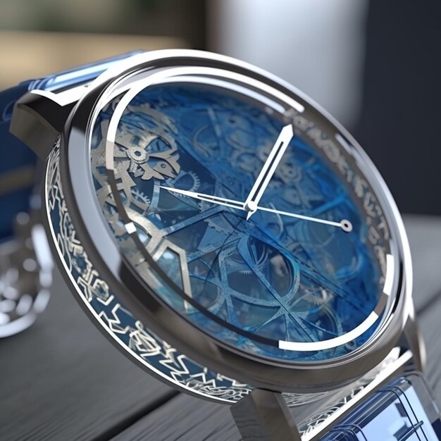 A watch with a blue face and the word " time " on the face.