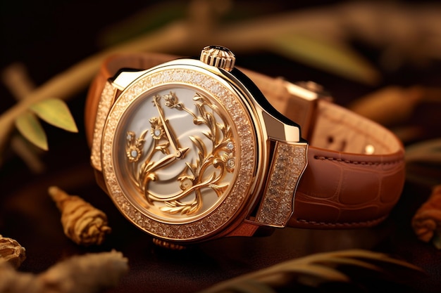 A watch with a gold band and diamond on the face