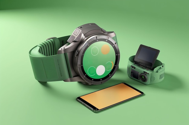 A watch with a green band and a phone next to it