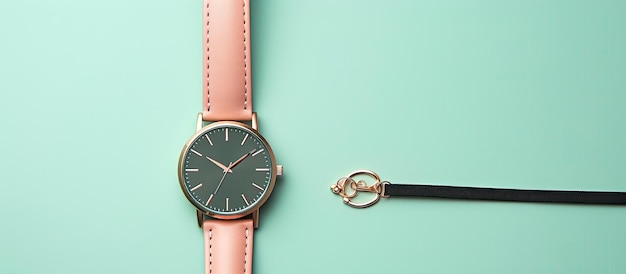 watch with a pink leather strap on a white background with copy space