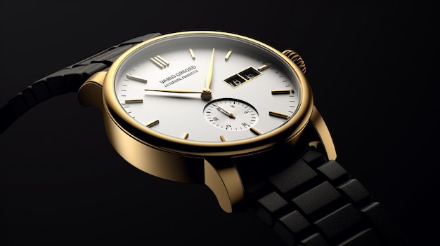 A watch with a white face and gold face.