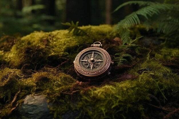 a watch with the word compass on it is on a mossy branch