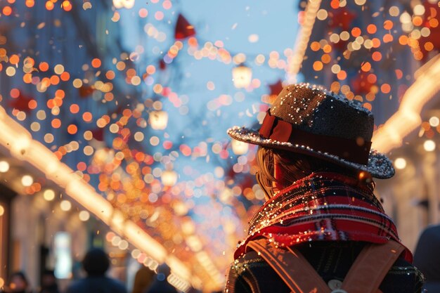 사진 축제 모자를 입고 퍼레이드를 보고 있다