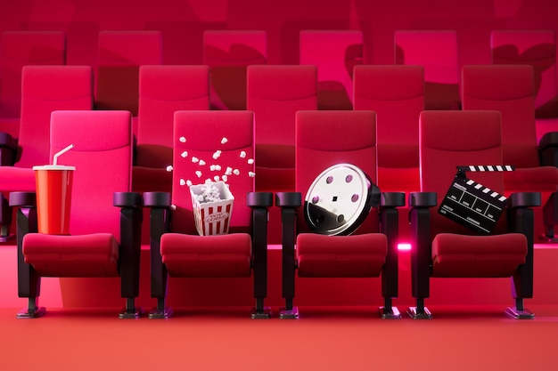 Watching movies in the cinema red chairs videotape cracker popcorn and soda 3d render