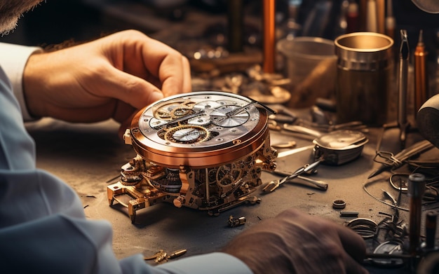 어수선한 작업대에서 복잡한 금 기계식 시계를 작업하는 시계 제작자