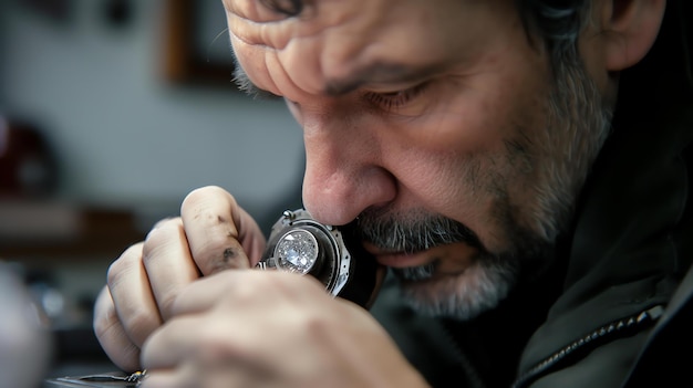 A watchmaker is inspecting a watch movement with a loupe