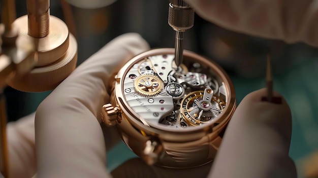 Foto l'orologiaio sta lavorando a un orologio meccanico di lusso. sta usando un cacciavite per regolare gli ingranaggi.