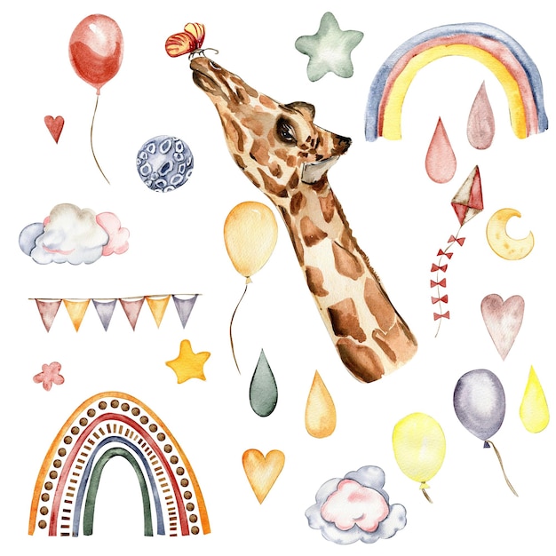 Watecolor hand drawn giraffe illustration and rainbow