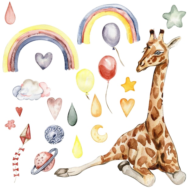 Watecolor hand drawn giraffe illustration and rainbow
