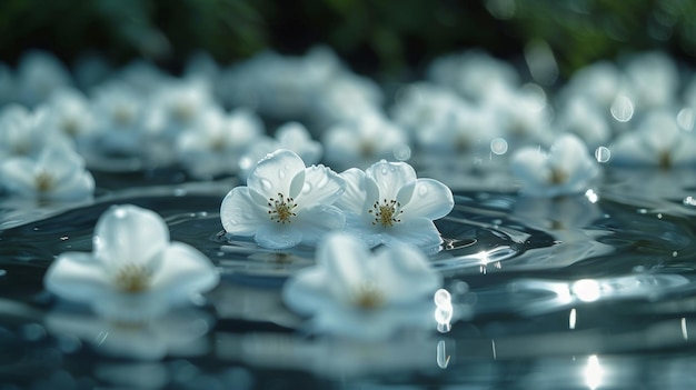 Water achtergrond met rimpels op het oppervlak en witte bloemen.