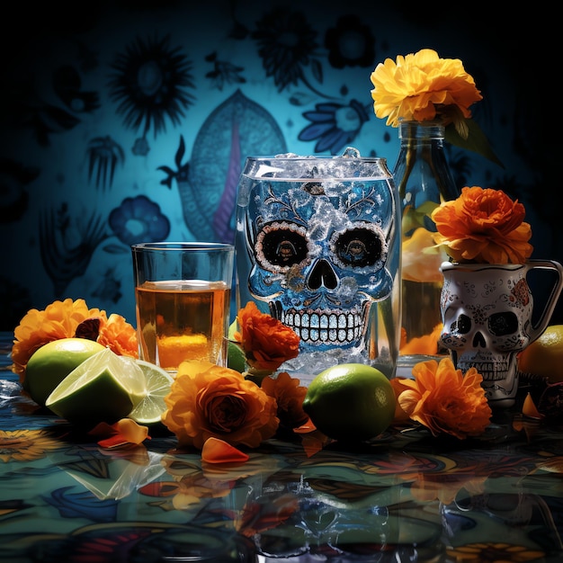 Вода Agua Мексиканский Dia de Muertos День мертвых акварельная граница