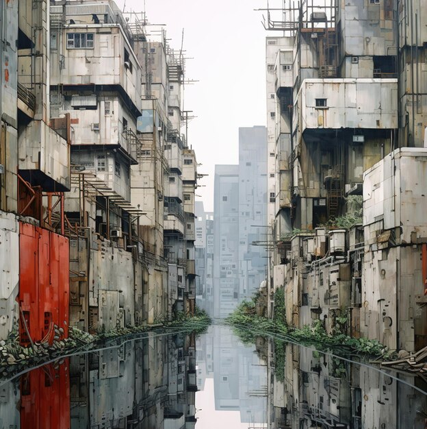 a water alley that has a red wall and a building with a red door.