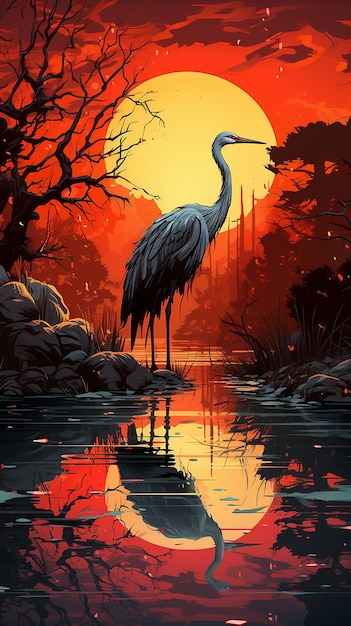 水と大きな鳥が夕方の設定で立っている