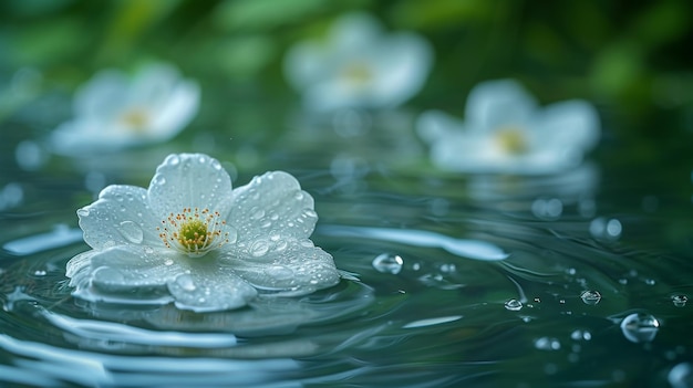 Water background with ripples on the surface and white flowers