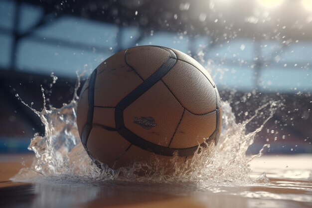 A water ball is splashing in the air with the word adidas on it.