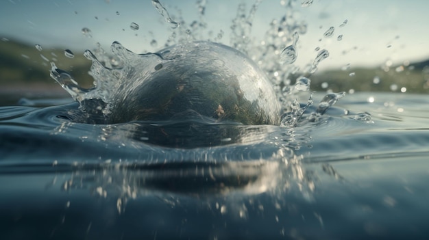 Водяной шар подбрасывается в воздух, и вода выбрасывается в воздух.