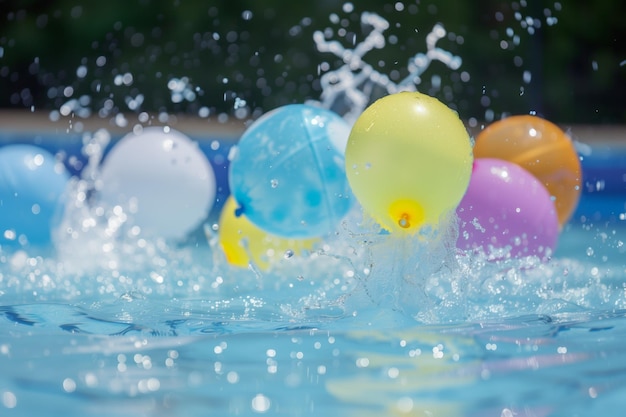 Water balloons hitting pool surface causing splash