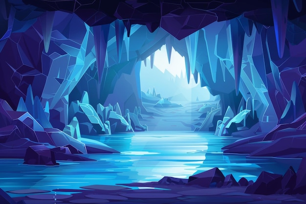 Photo water and blue crystals in an underground cave cartoon illustration of stalactites and lakes