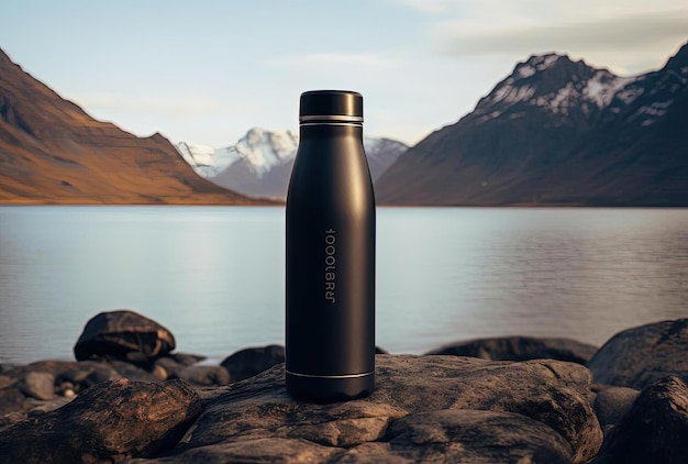 写真 濃い青銅と黒のスタイルの山の湖の前にある水のボトル