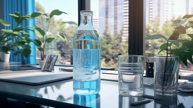 Water bottle in office desk
