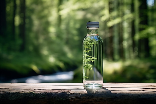 a water bottle on a wooden table in a forest