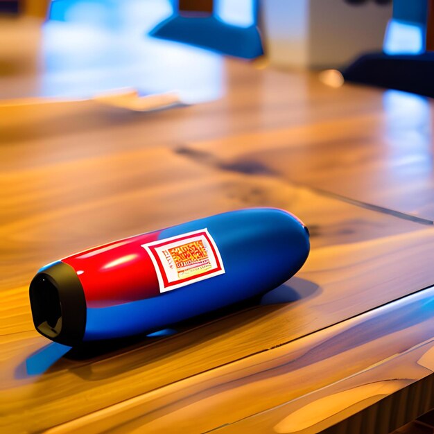 A water bottle on a wooden table