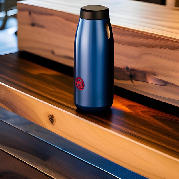 A water bottle on a wooden table