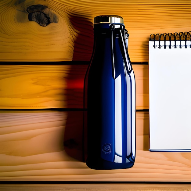 A water bottle on a wooden table