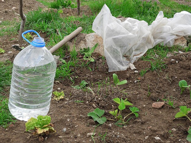 Water bottles and garden hoe watering the garden