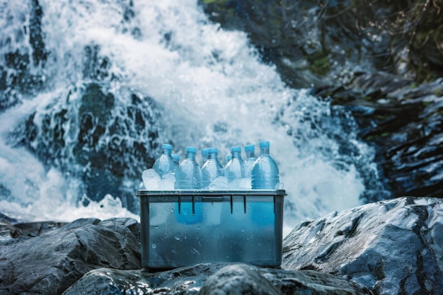 Water bottles on rock near waterfall in natural landscape