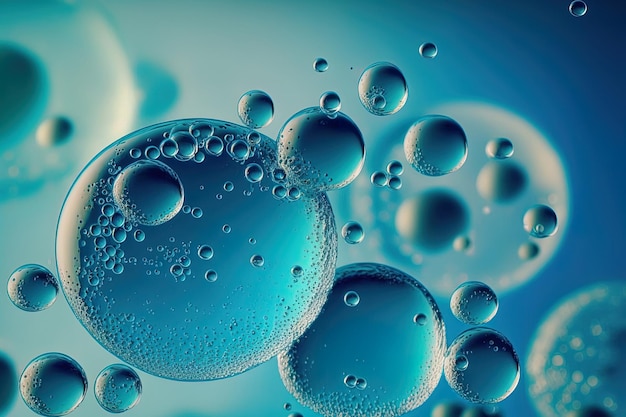 Water bubbles with abstract air bubbles on a blue backdrop for a macro background