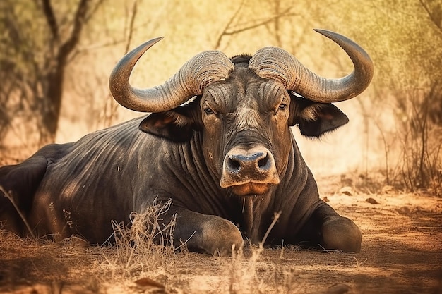 A water buffalo is laying in the grass.