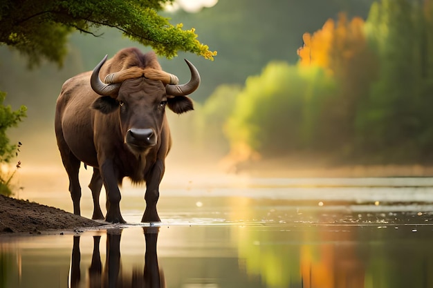 A water buffalo stands in a river in the forest.