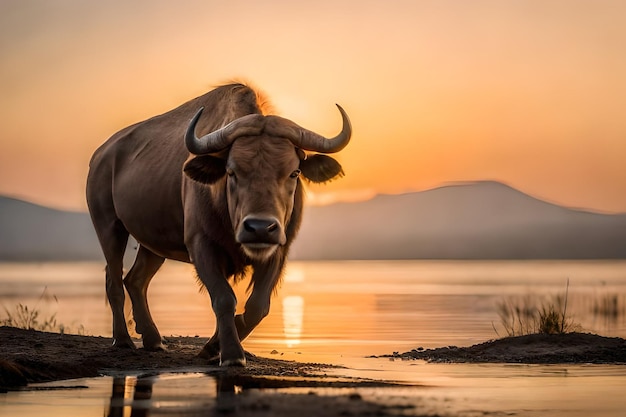 A water buffalo in the wild at sunset