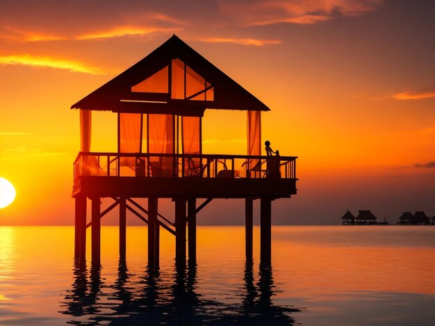 Water cafe at sunset maldives vacation background