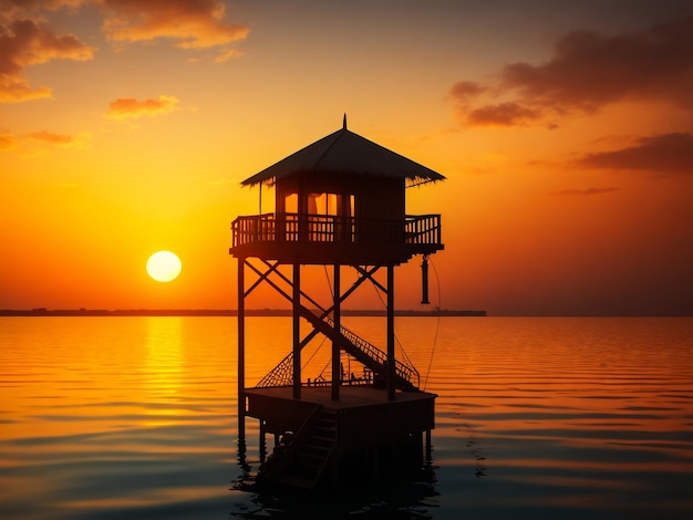 Water cafe at sunset maldives vacation background