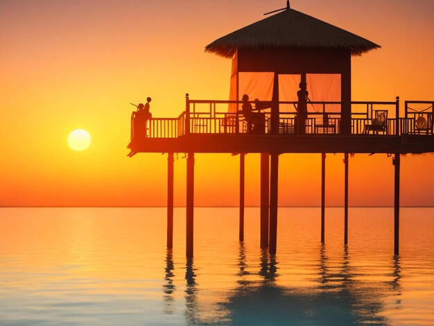 Water cafe at sunset Maldives vacation background