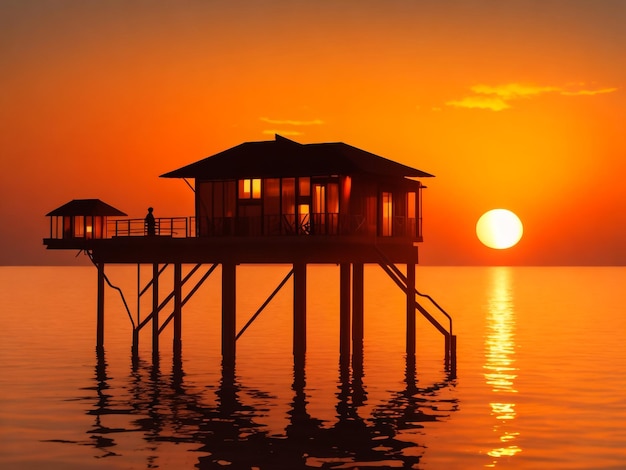 Water cafe at sunset Maldives vacation background