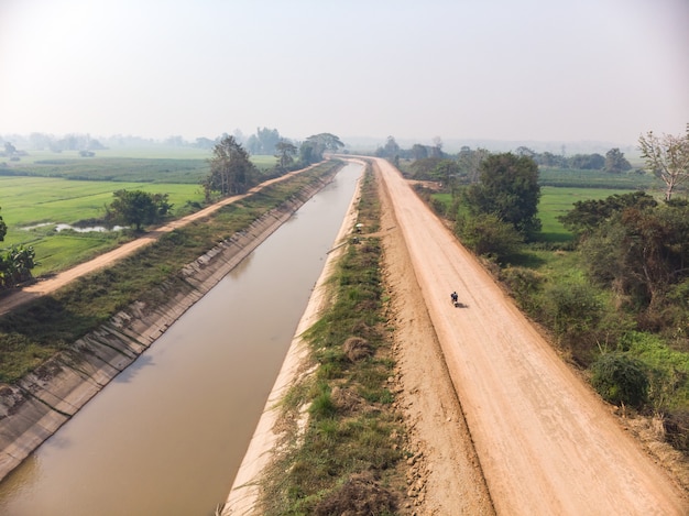 アジアの国の田んぼの横にある水路