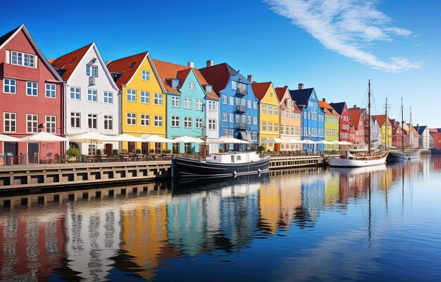 a water canal with colorful buildings and bright light from the sun in the style of norwegian