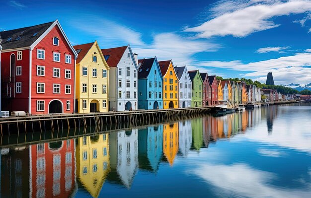 a water canal with colorful buildings and bright light from the sun in the style of norwegian