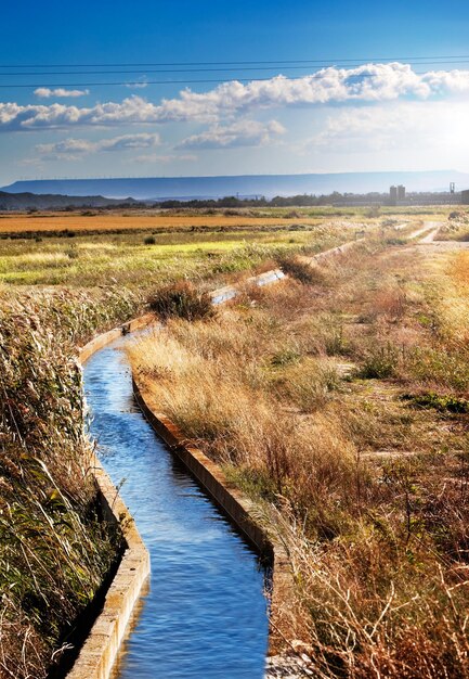 Water channel. Rural landscape with irrigation channel and fields