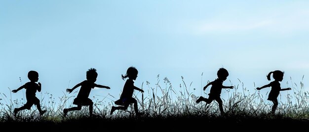 Photo a water color art in silhouette theme of childrens playing in field with a big space for text or product advertisement backdrop generative ai