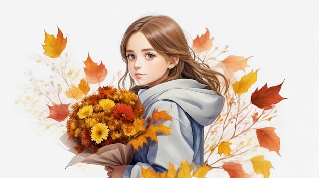 Water color beautiful girl with a bouquet of autumn leaves white background