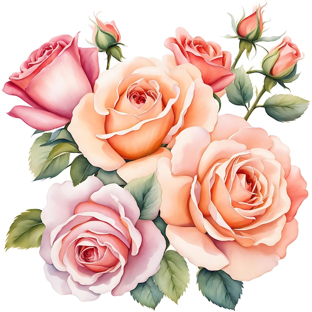 Foto colore dell'acqua bel bouquet di fiori di rosa su sfondo bianco