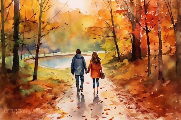 water color drawing of a couple holding hands and walking AI generated